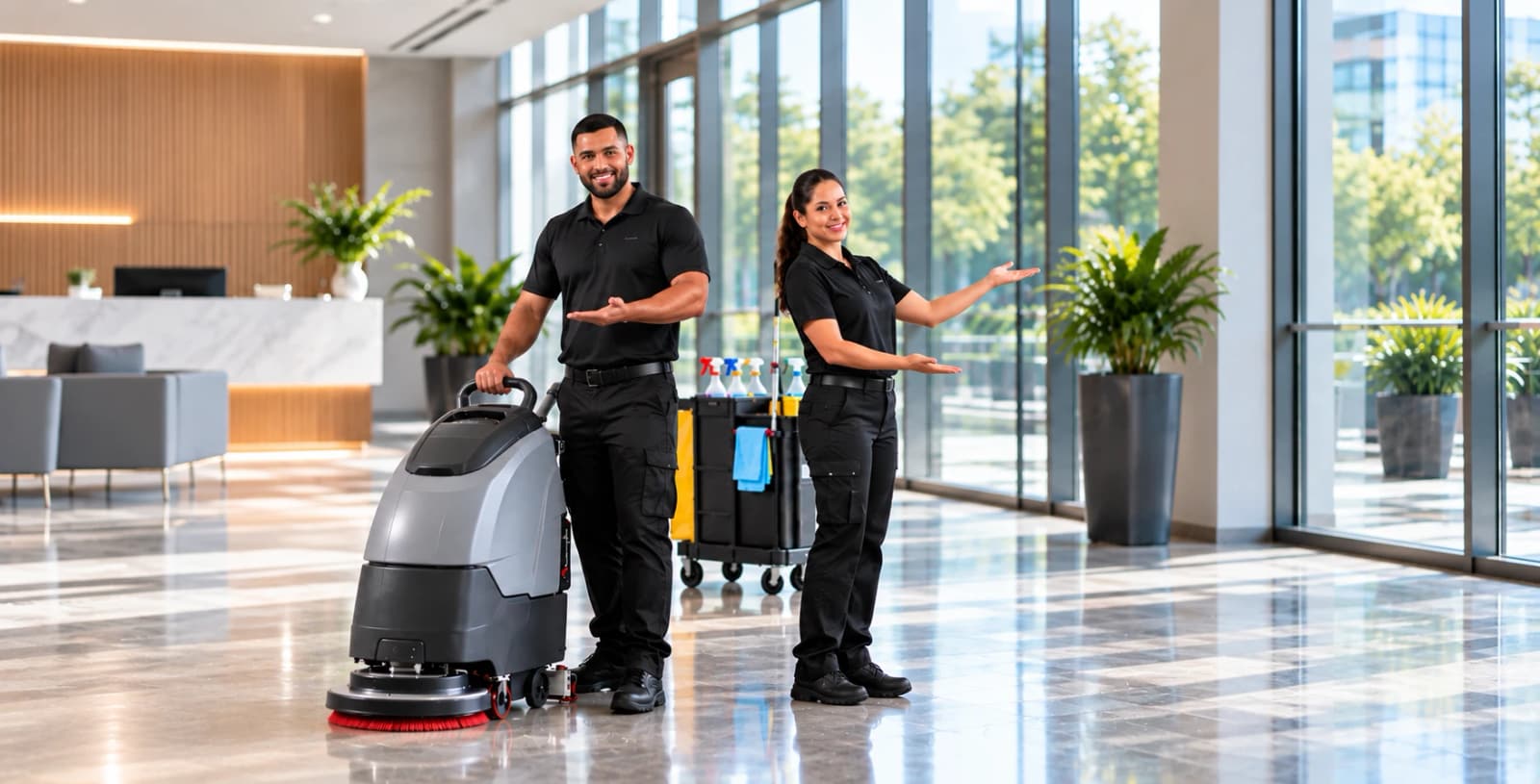 Two smiling commercial cleaners with a floor scrubber in a bright office lobby