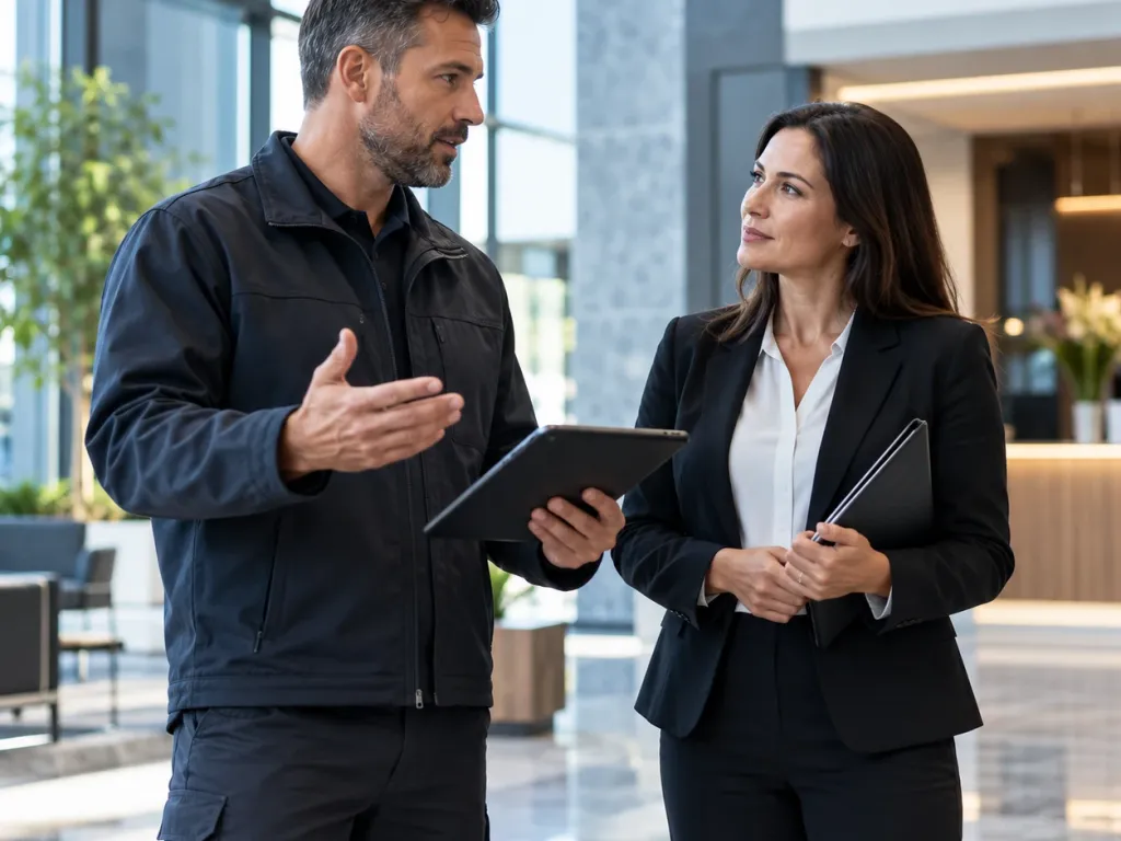 Facility services supervisor with a tablet talking through a walkthrough with a client in a lobby