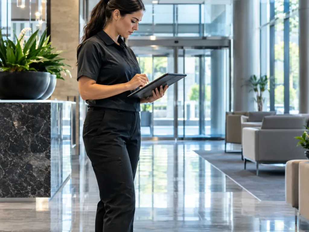 Crew member checking off tasks on a tablet in a polished office lobby