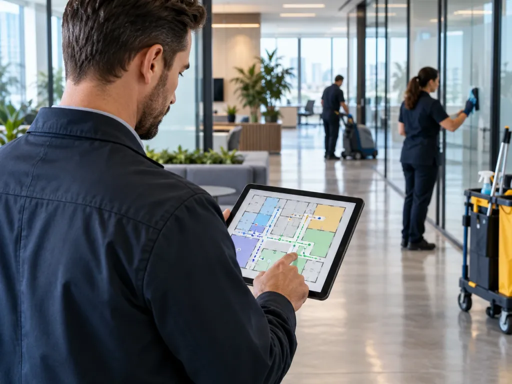 Supervisor reviewing a colour-coded zone map on a tablet while a crew cleans a glass-walled office behind him