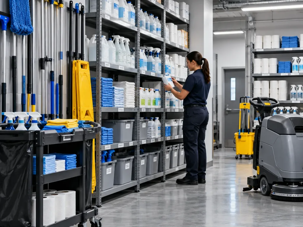 Organised supply room: labelled shelves of chemicals and microfibre, a stocked cart and a floor scrubber