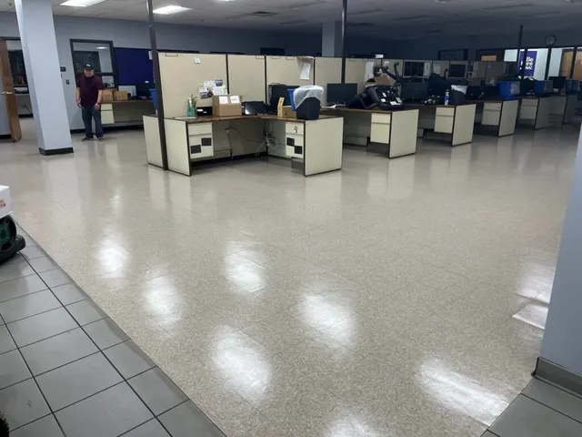 Open-plan office with freshly cleaned and polished floors
