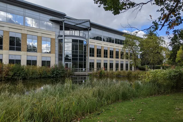 Suburban office building beside a lawn