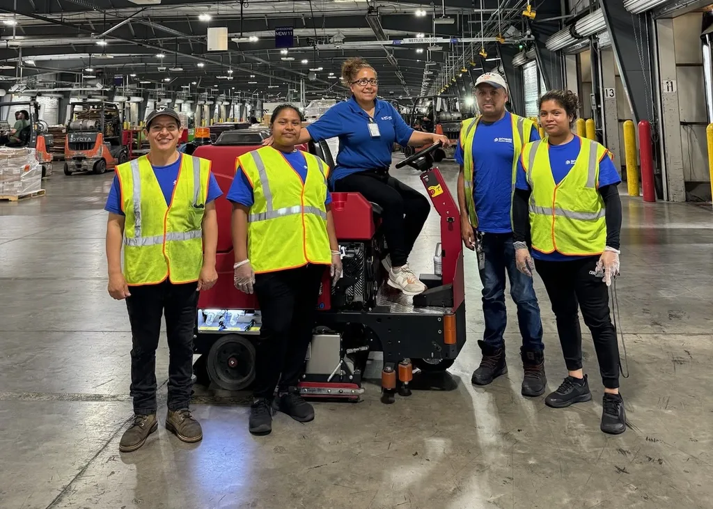 Five Skyward crew members in branded shirts and hi-vis vests with a ride-on floor scrubber inside a client distribution center